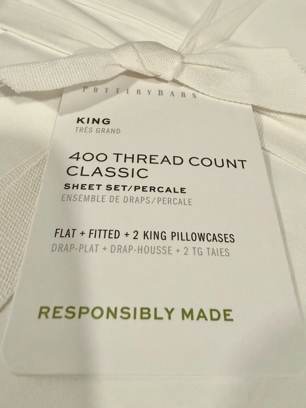 Pottery Barn 400-Thread-Count Organic Percale KING Pillowcase - White (Set of 2)